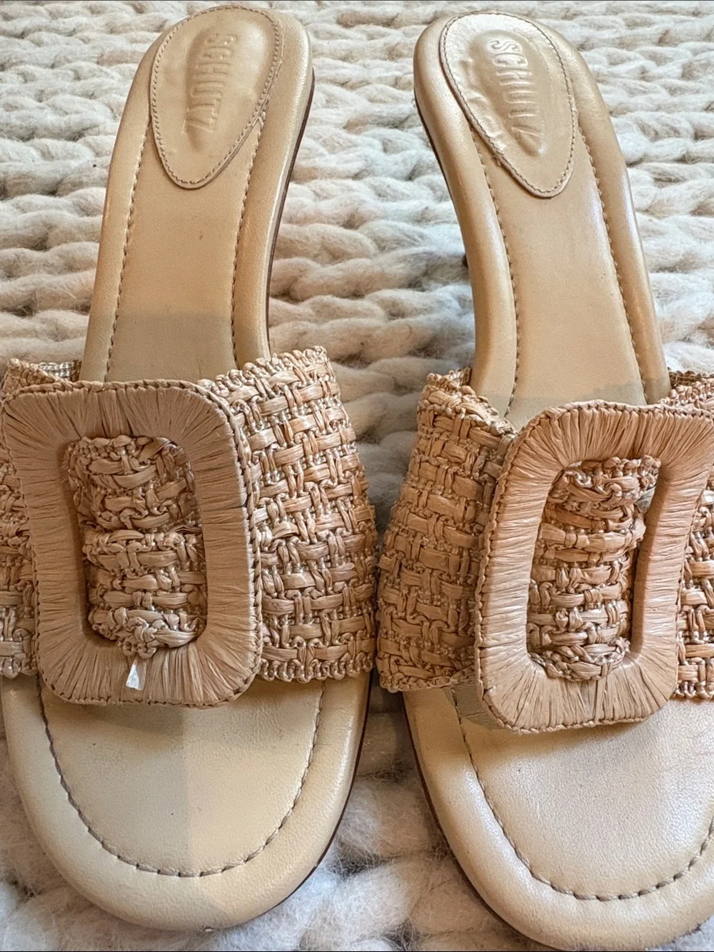 SCHUTZ Tan Raffia Buckle Slide Mules